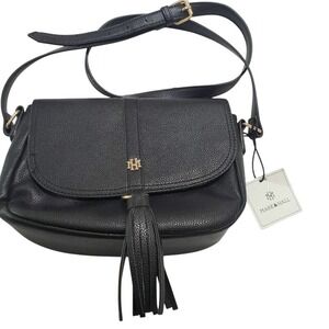 Mark & Hall Womens Saddle Crossbody Bag Black Textured Snap Button Tassel New